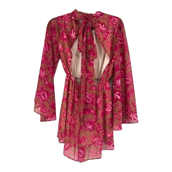 Free People Homemade Imani Floral Bell Sleeve Open Back Romper Dress Pink Medium - Picture 9 of 9